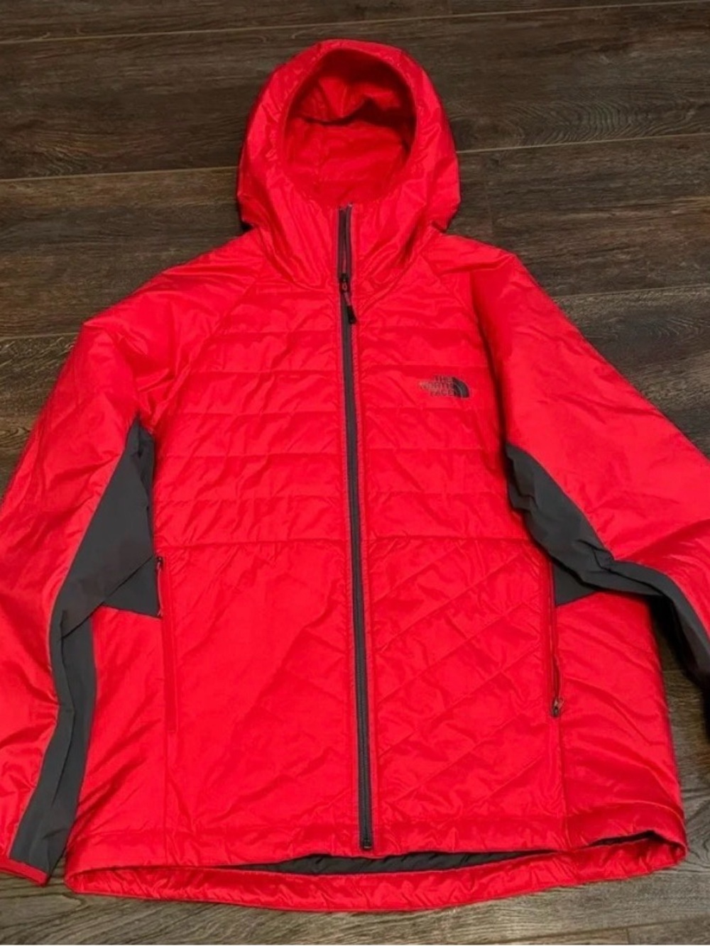 The North Face Red Hooded Puffer Jacket with Gray Panels